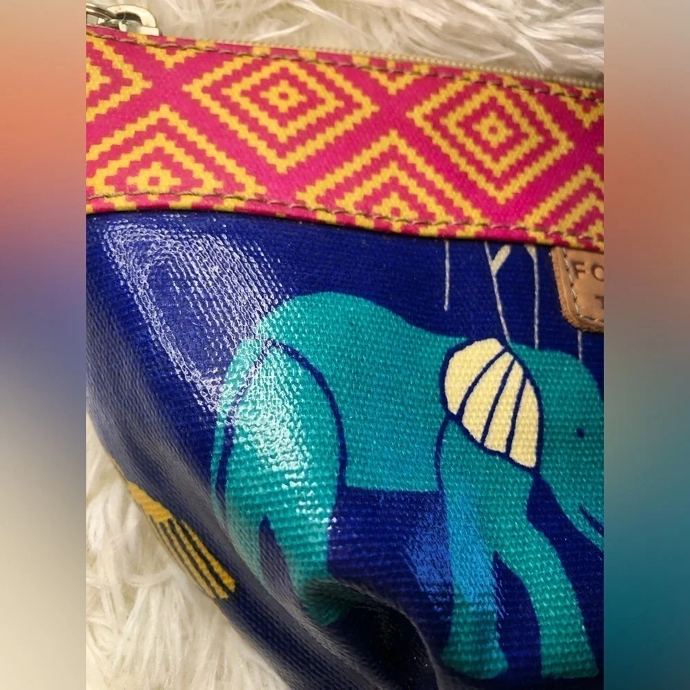 Fossil Blue Elephant Pattern Pouch with Pink Trim